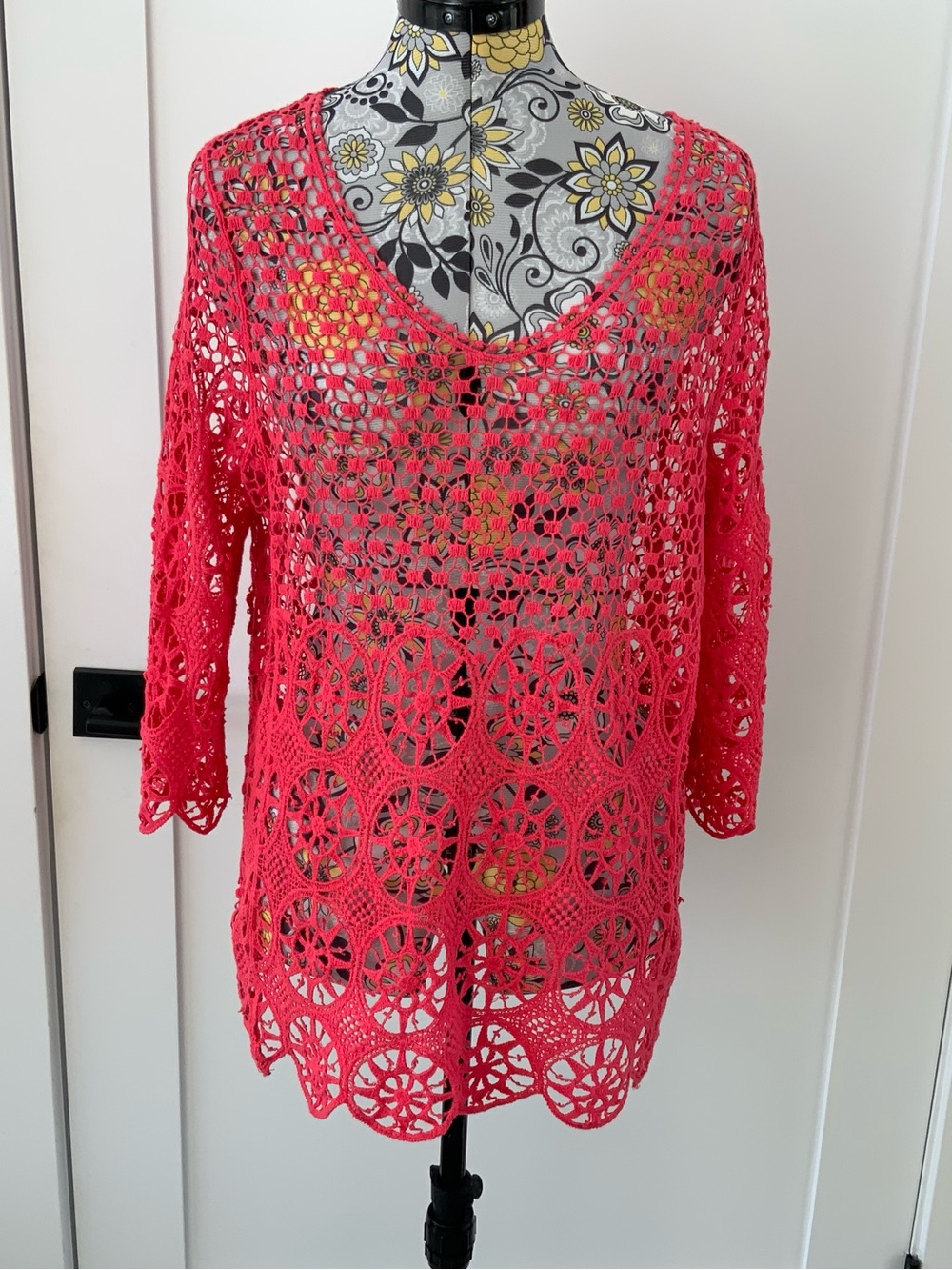 Crochet V-Neck Tunic Top in Bright Coral